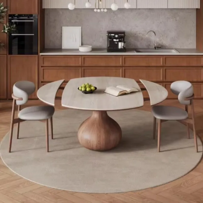 Retro solid wood retractable dining table antique rock slab home modern simple folding dual-purpose round table dining table