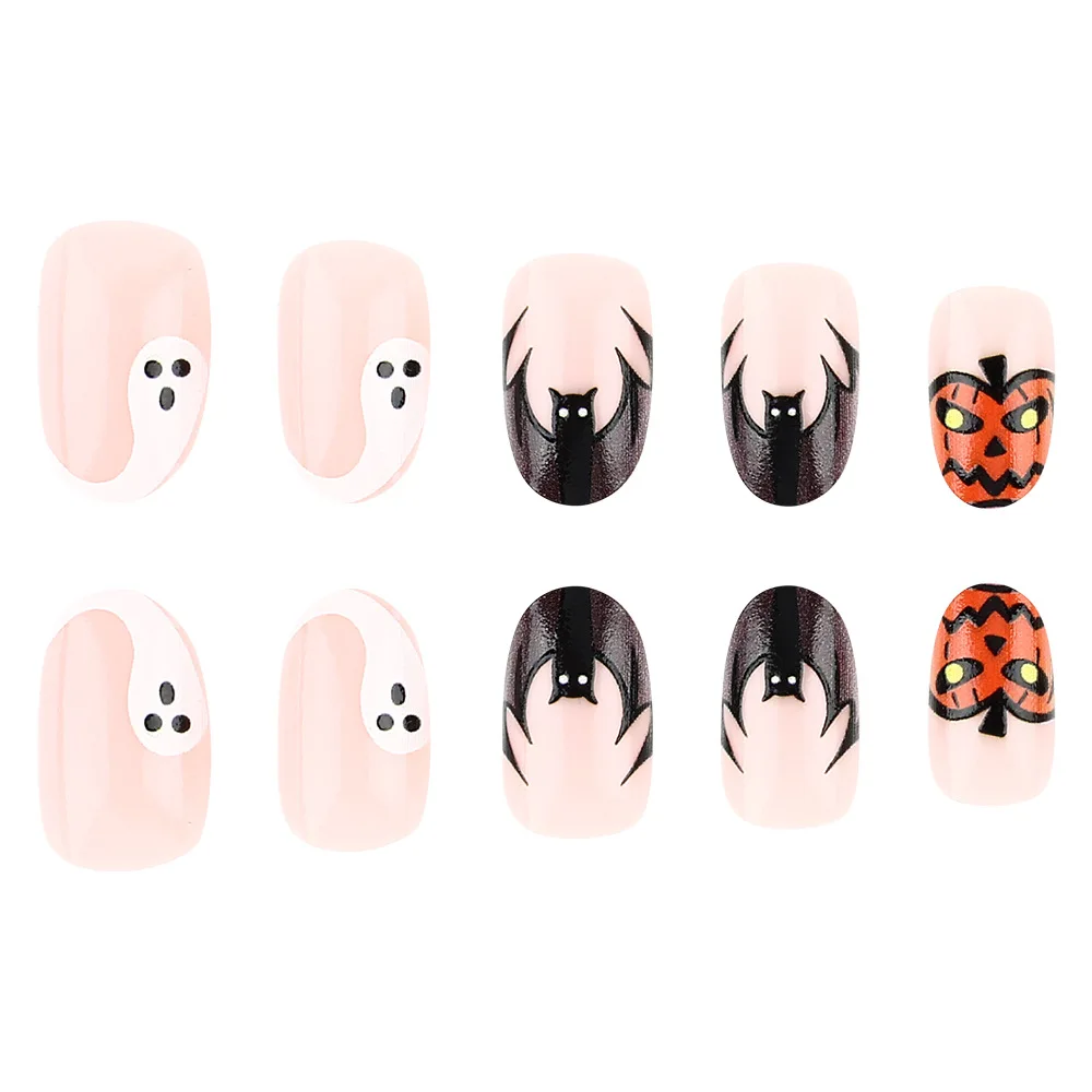 24 Pcs/Box New Halloween False Nails Short Bright Almond Shaped Wearable Nails Pumpkin Bat Party False Nails Reusable