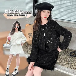 Teenage Girls Shiny Clothes Set Design Autumn Retro True fur Hem Glitter Coat+Short Skirt 2pcs Junior Kids Suit Child Outfits