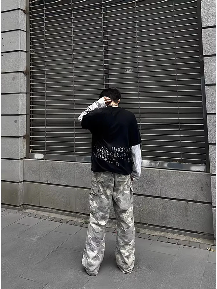 Cleanfit อเมริกัน Retro Camouflage กางเกงผู้ชาย HIPHOP อินเทรนด์ High Street Workwear ตรงกางเกงขายาวลําลอง
