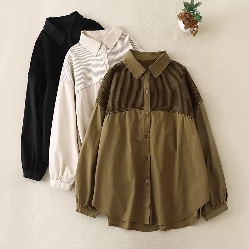 

Жакет-рубашка из вельвета для женщин | Свободный кардиган в стиле пэчворк | Однотонный топ с длинными рукавами на весну и осень | W2061