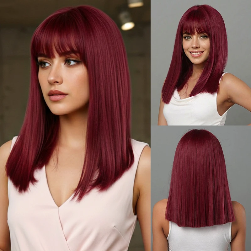Peruca Sintética Longa Ondulada Borgonha Vinho Colorida para Cosplay Lolita com Franja para Mulheres Cabelo Afro Natural Resistente ao Calor