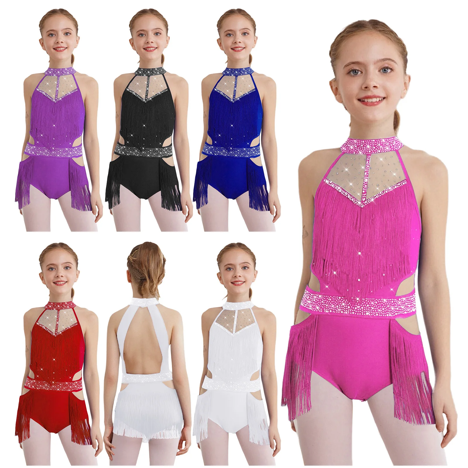 Kids Girl Latin Leotard Dress Lyrical Modern Ballet Dance Performance Costume Rhinestones Fringe Bodysuit Skirted Dress Jumpsuit