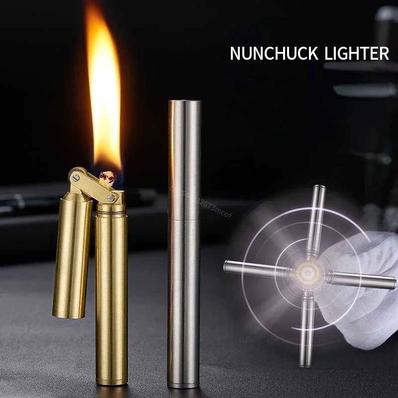 Hot Nunchaku Lighter Men'S Father Husband Birthday Gift Retro Lighter Nunchaku Kerosene Lighter Windproof Brass Stainless Steel