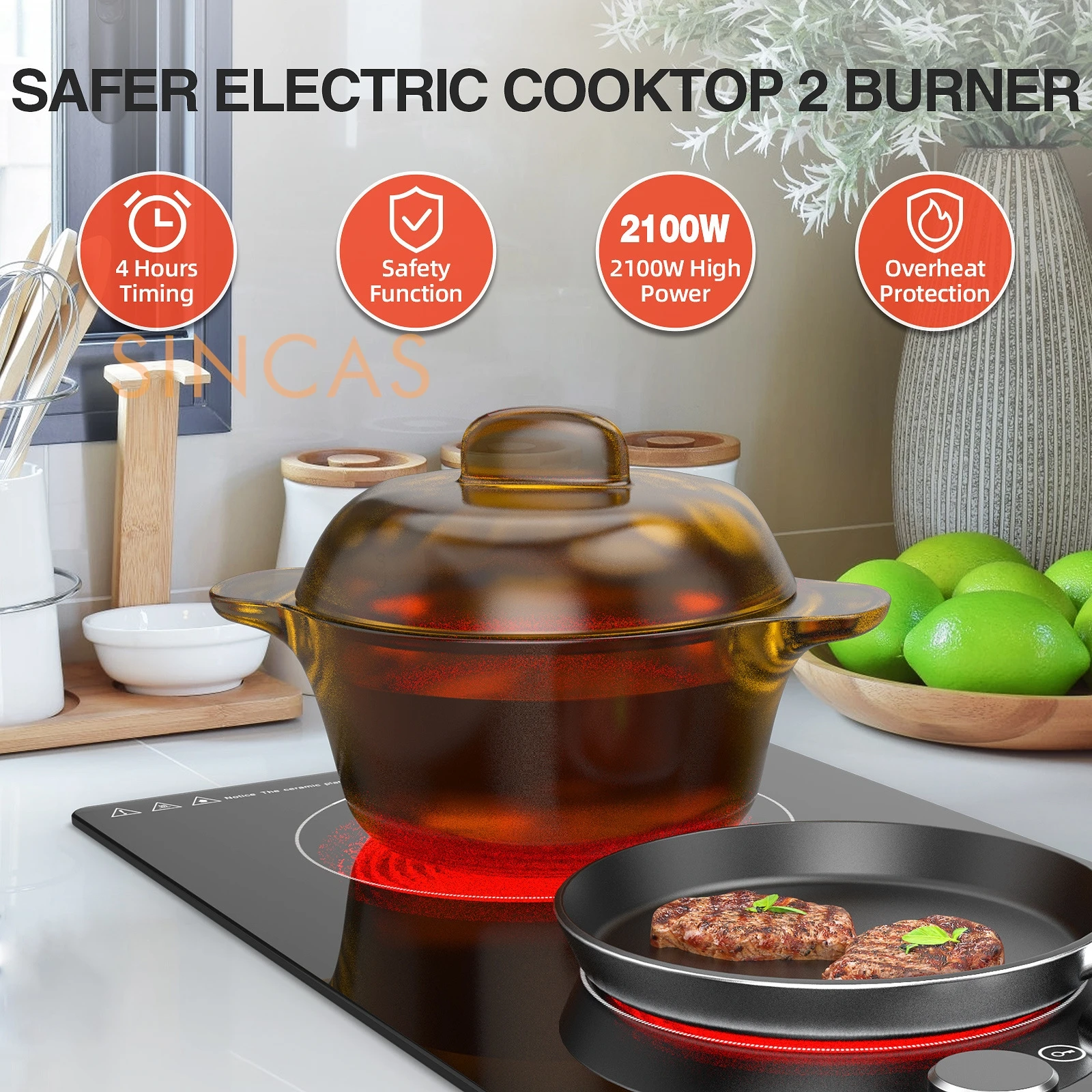 Fornello a induzione verticale a doppia testa 220V/110VEFornello elettrico in ceramica incorporato Fornello commerciale a piastra completa Forno a onde luminose