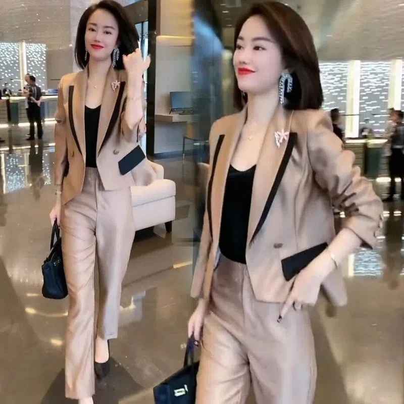 Fashion Suit Women\'s 2023 Autumn New Slimming Suit jacket+ Pants Sets Spring Grey Suit Female Splicing Jacket Two-Piece Set Lady