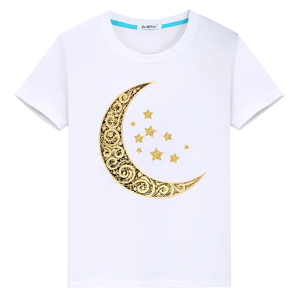 Eid Ramadan gift 100%Cotton T-Shirt Kids With Moon Clothe Boy Anime Kawaii Short Tops y2k Ramadan Kareem Muslim Festive Outfit