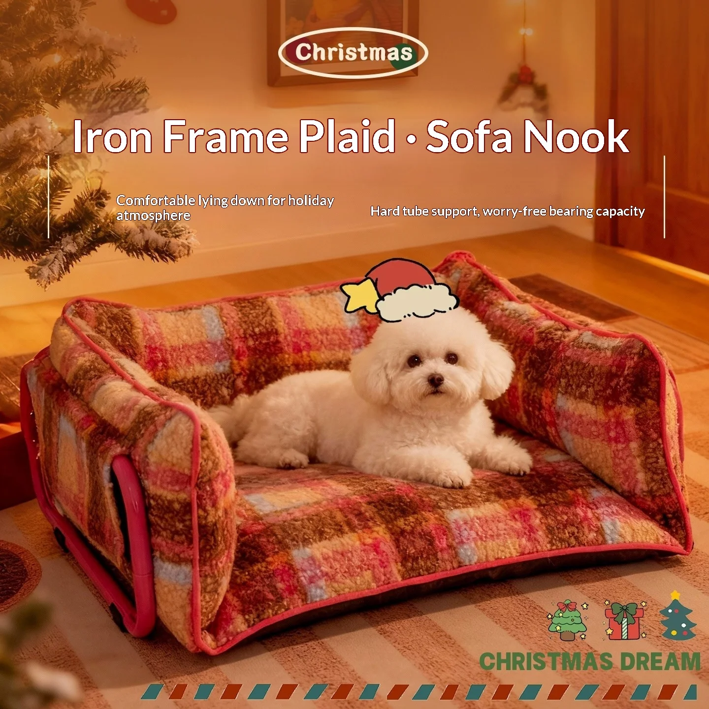 Cama de felpa navideña lavable para gatos y perros pequeños - imagen 5