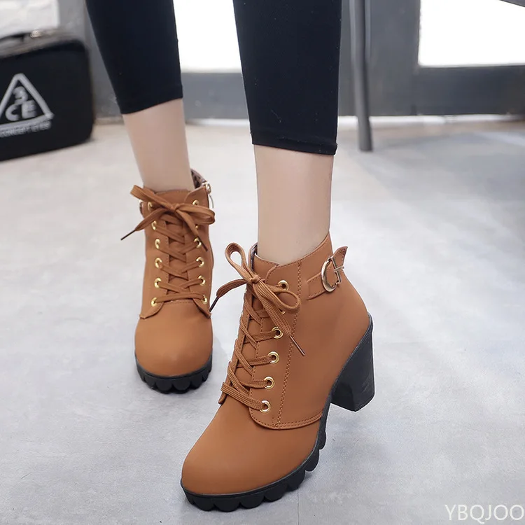 Women\'s Ankle Boots 2022 Autumn High Heel Belt Buckle Shoes Women Lace Up Platform Boots Women  Boots 42 Botas De Mujerv