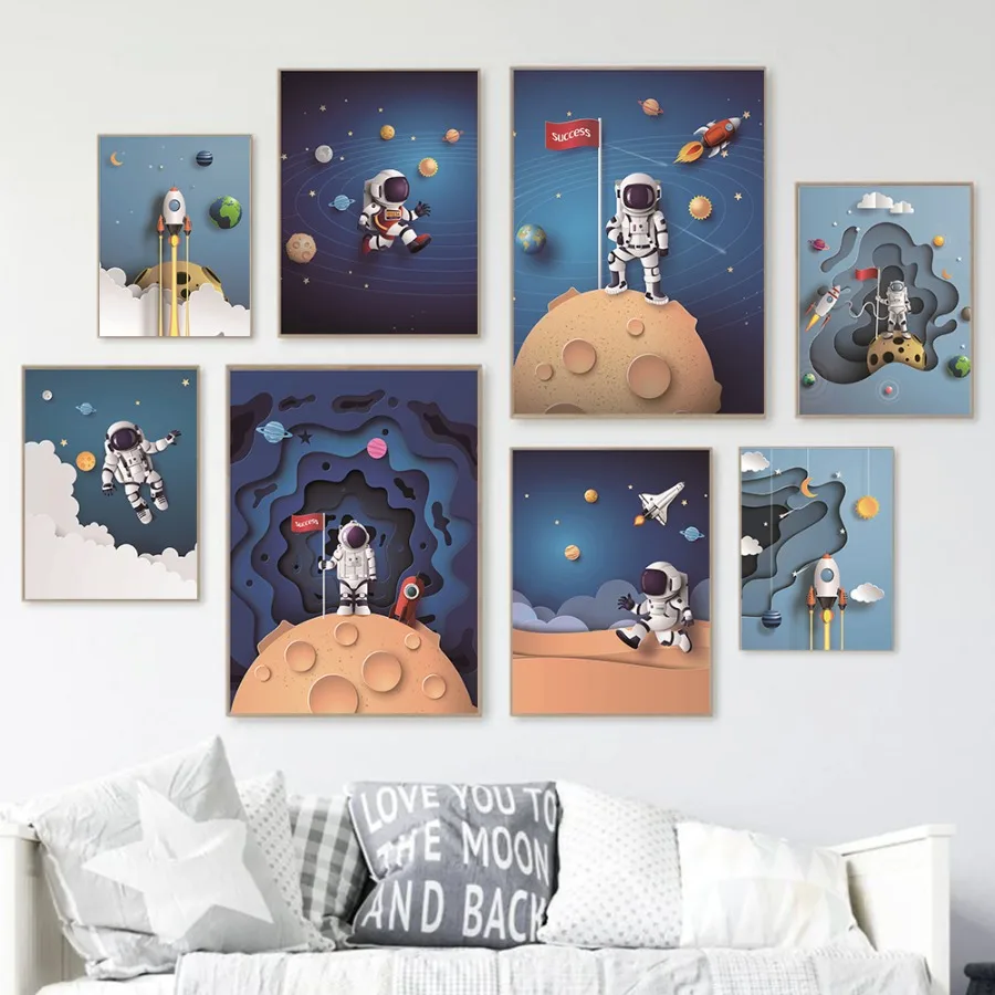 Pintura en lienzo de planeta espacial, cohete, astronauta, estrella, guardería, póster nórdico e impresiones, imágenes de pared, decoración de habitación de bebé y niños