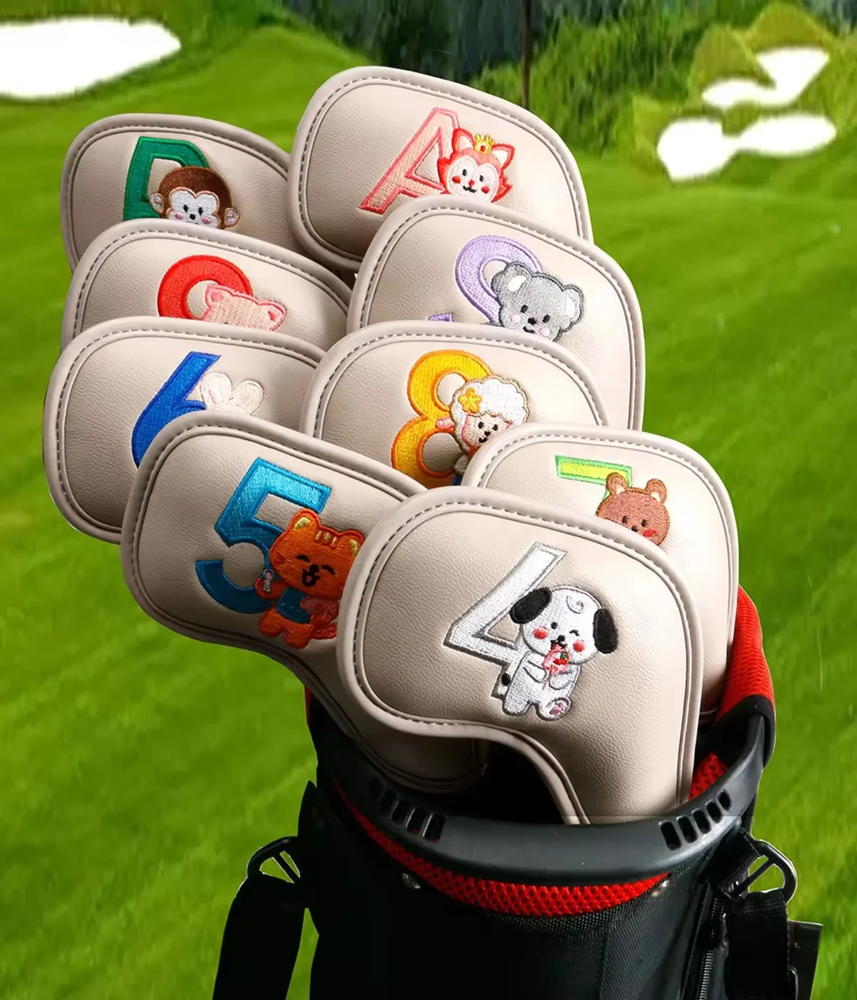 9Pcs Cute Cartoon Animal Golf Iron Head Covers, PU Leather Embroidery Club Protectors, Golf Accessory Gift for Men Women Golfers