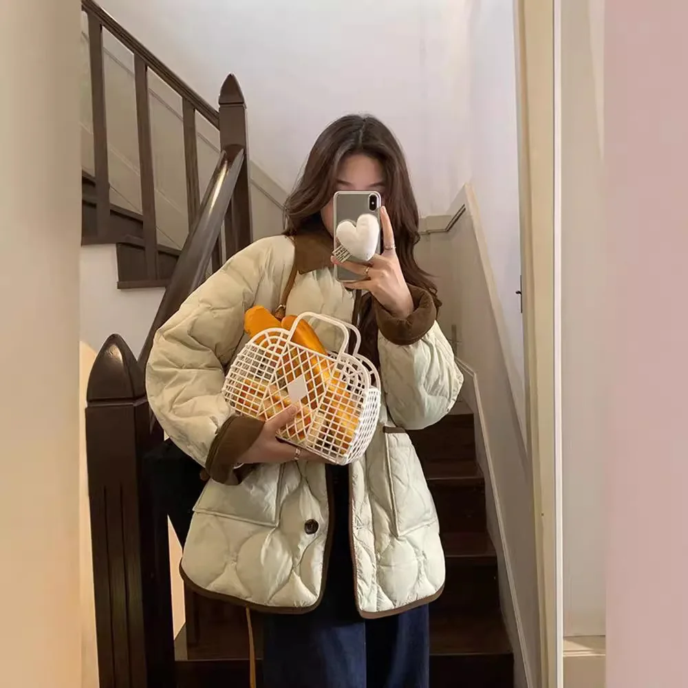 2023 Nieuwe katoenen jas dames Koreaanse korte stijl contrasterende kleur trendontwerp revers contrasterende kleur winterjas lichtgewicht