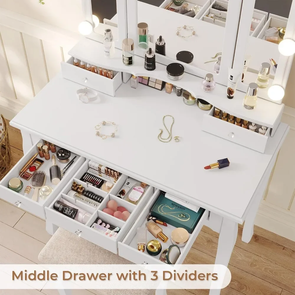 Vanity Table Set with Lighted Tri-Folding Mirror, 3 Color Lighting Modes, 5 Drawer Makeup Desk and Cushioned Stool, White view 4