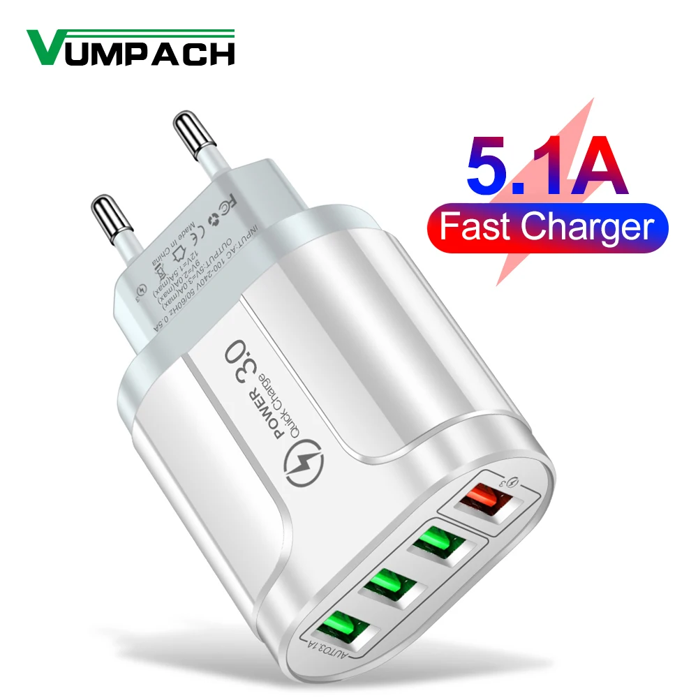 Vumpach 4 Ports USB Fast Charger Quick Charge 3.0 48W Wall Mobile Phone Fast Charging For iPhone Samsung Xiaomi  Adapter Travel