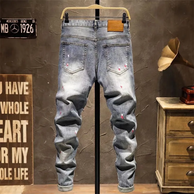 2024 Spring and Autumn New Fashion Trend Ripped Elastic Small Legs Men's Casual Slim Comfortable Breathable Large Size Jeans