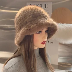 Women Hat 100% Real Mink Fur Hats Women Knitted Beanie Russian Girls Cap With Soft Knitting Thick Female Cap Elastic Bucket Hats