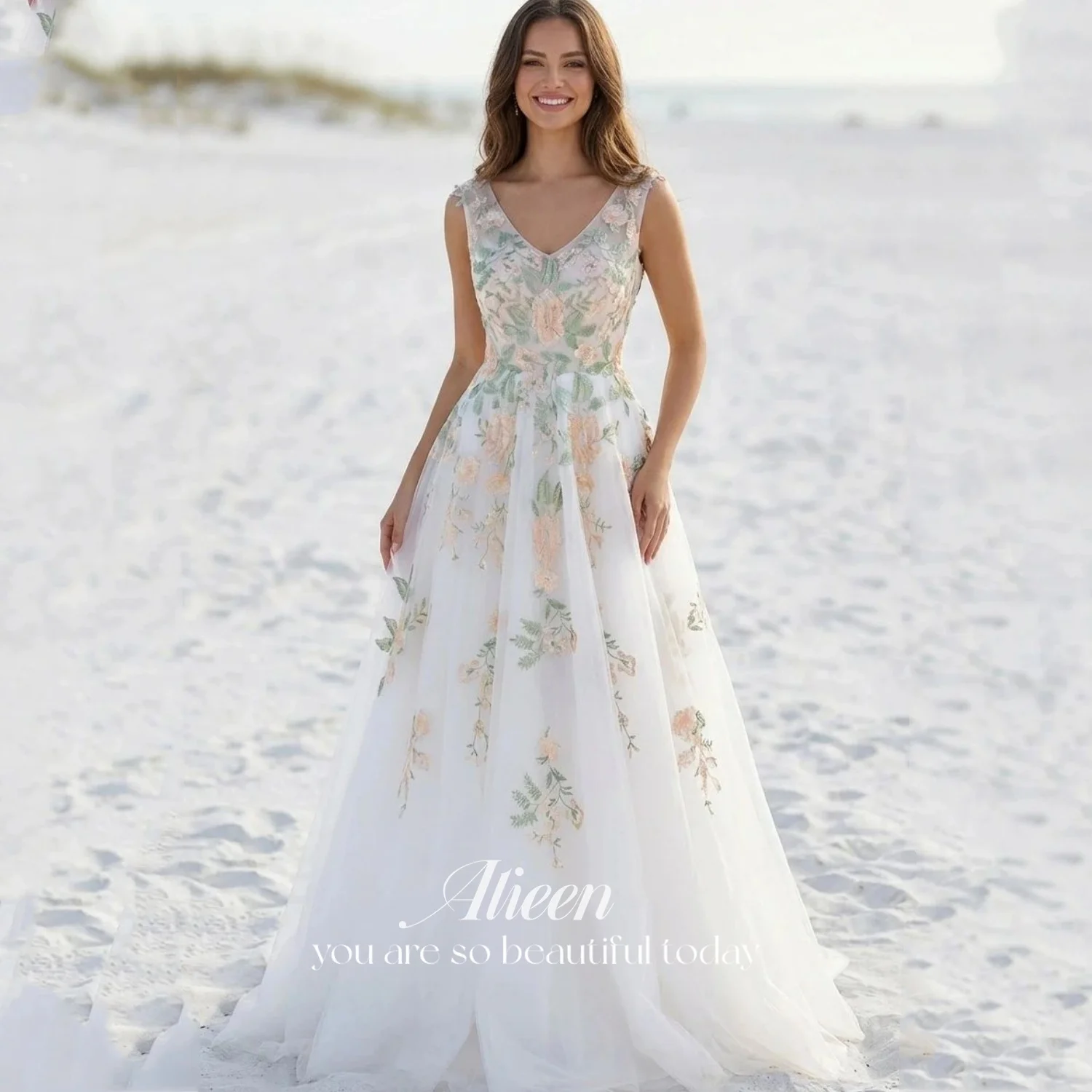 

Aileen White Tulle V-Neck Wedding Party Dress Hot Sale Sleeveless A-Line Floor-Length Appliques Formal Party Dress Customized