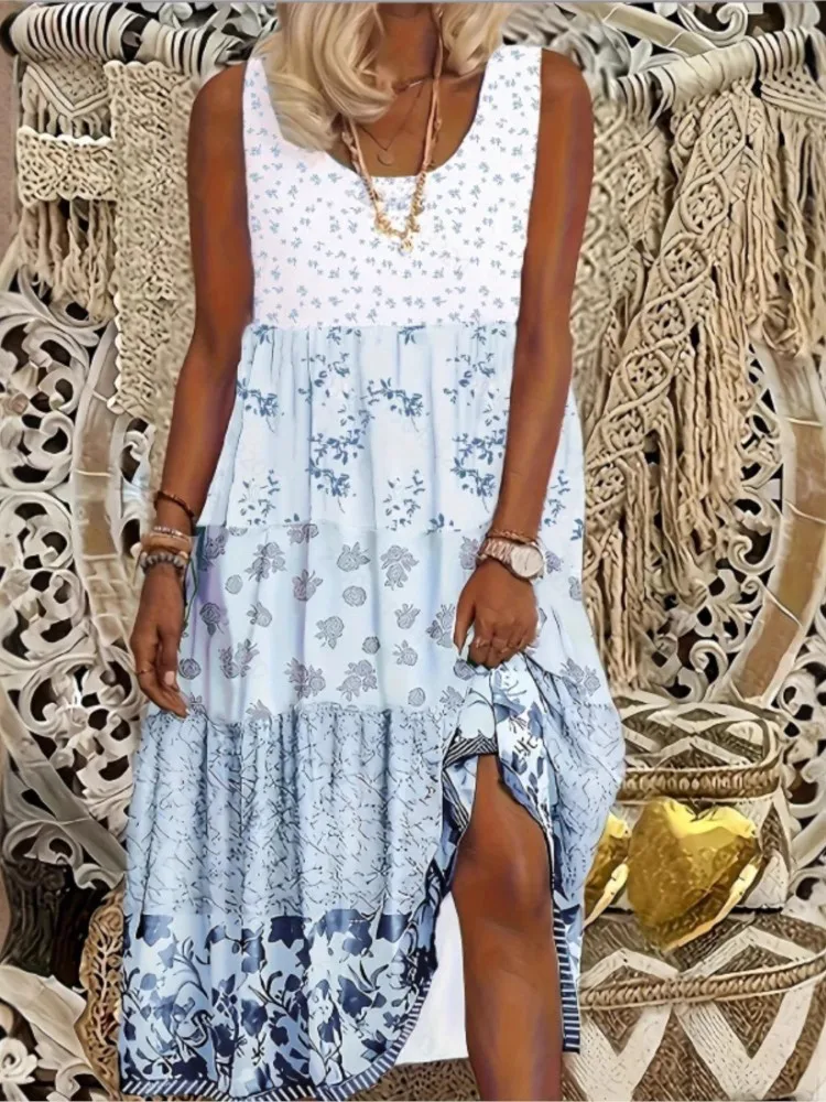 Casual print losse jurk dame mode mouwloze O-hals trui jurken voor vrouwen zomervakantie Boho strand dameskleding nieuw