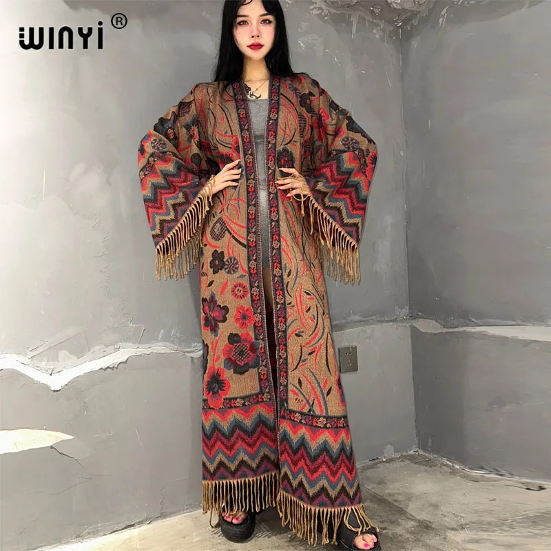 WINYI winter autumn catwalk coat for women fashion print tassel Luxury Long OverCoat Thick Warm long down coat fashion jacket