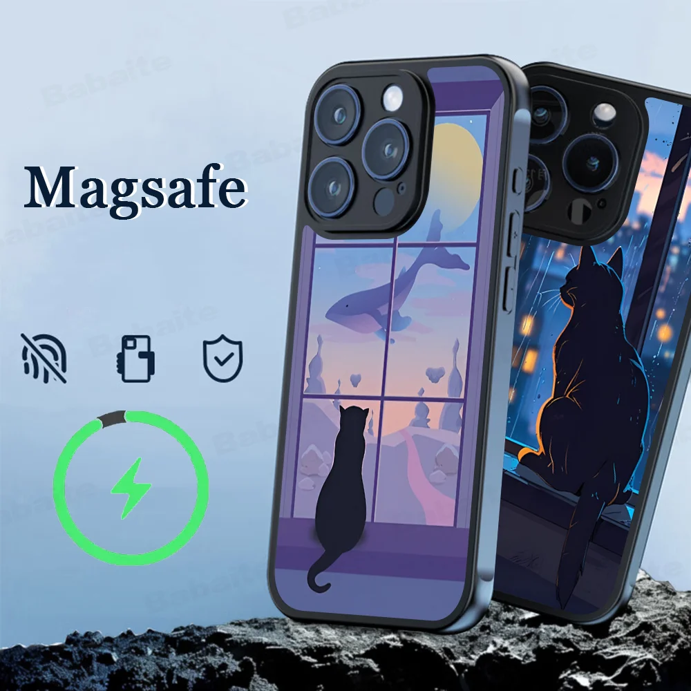 Cute Cat And Window Phone Case Magnetic Case For IPhone 16 14 13 12 11 15 Pro Max Plus For Magsafe Wireless Charge Cover