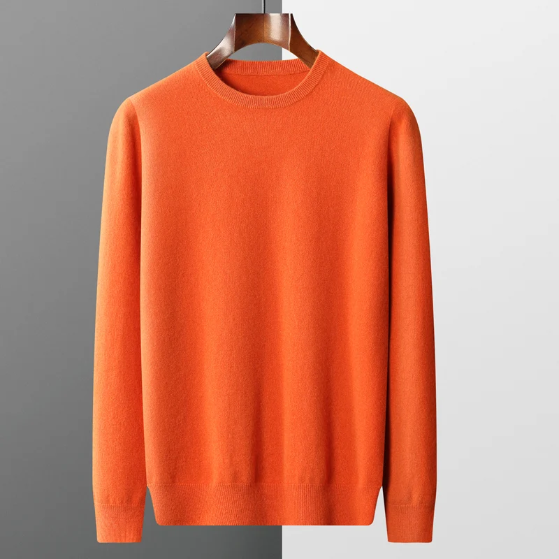 

Autumn/Winter New Men's 100% Pure Wool Pullover Casual Solid Color Knitted Sweater Loose Round Neck Tops Basic Warmth Jumper