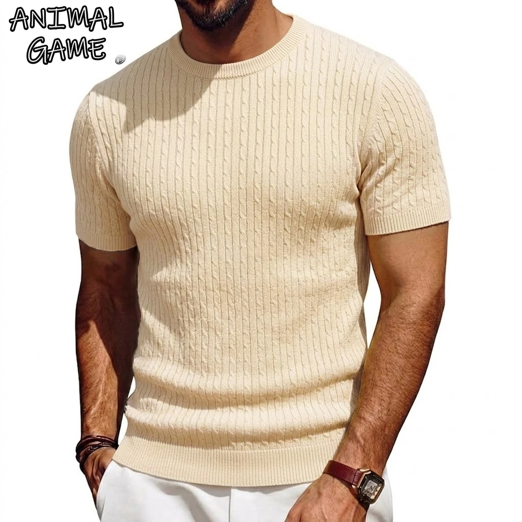 Neues Kurzarm-Strickpullover mit weicher Textur, Sommer-Strickshirt, lässige T-Shirts für Herren, gerippte Strickwaren, Rundhals-T-Shirts, Herren-T-Shirt