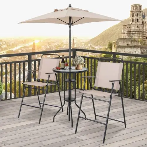 4-Piece Outdoor Bar Set, Round High Top Bar Table with 2 Folding Counter Height Chairs & Umbrella, Patio Bistro Table