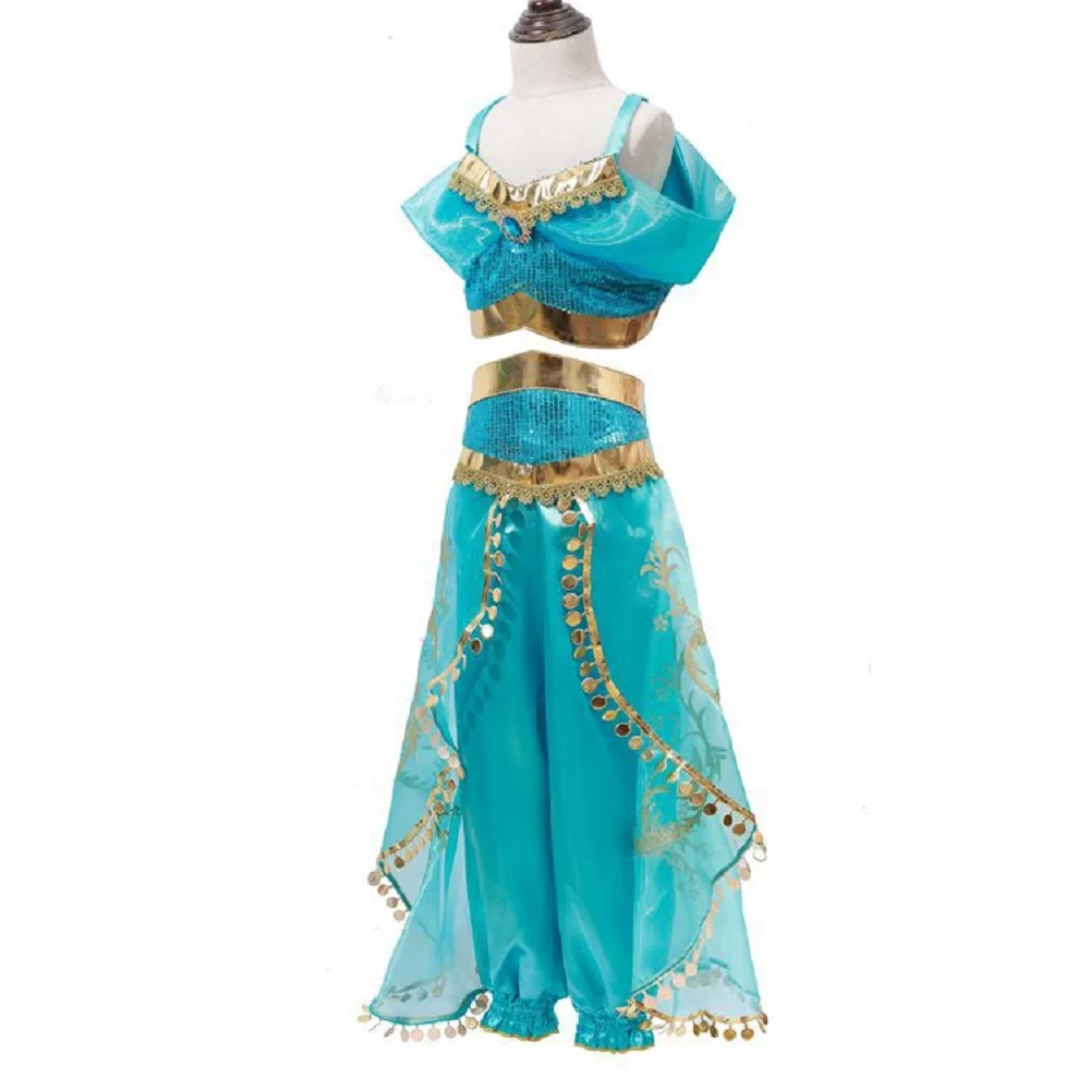 Low Price Cartoon Princess Cosplay Jasmine  Suit Costume Blue Two Pieces Set Halloween Kid