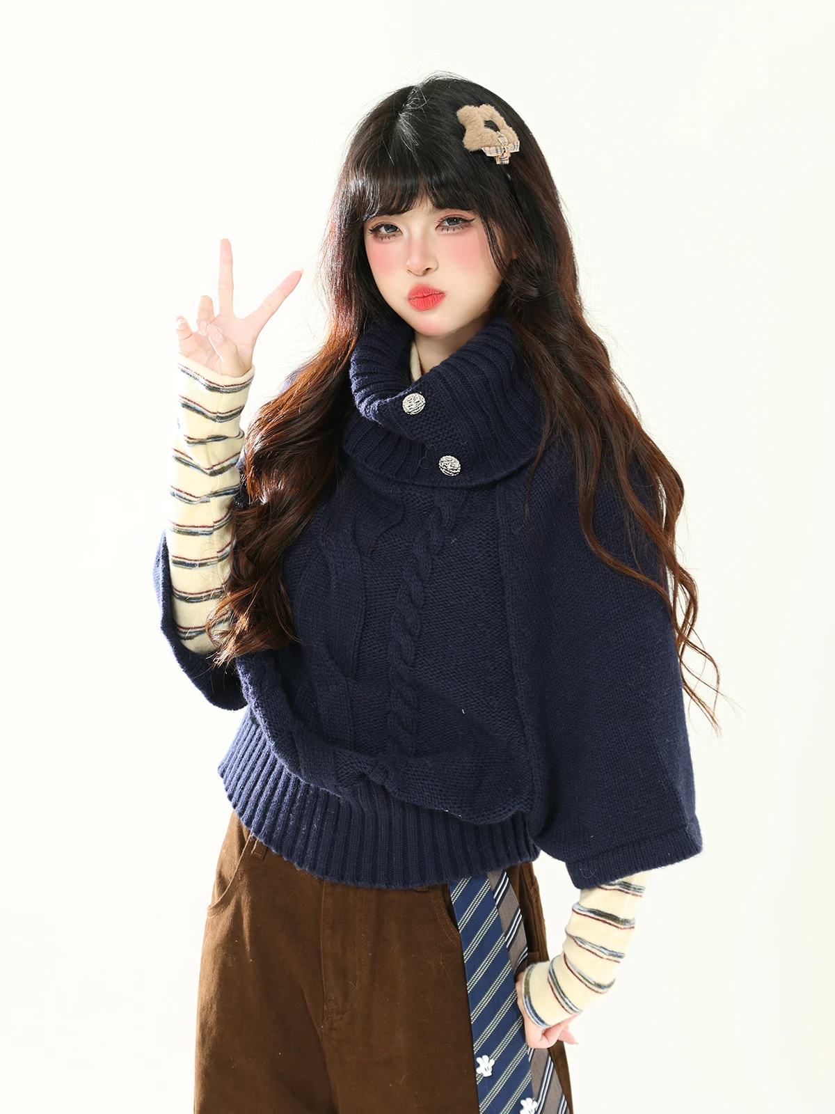 

Вязаный свитер ENJOG в стиле ретро с высоким воротником, свободного кроя, для женщин, осень-зима, новинка, вязаная одежда в стиле Lazy Sle