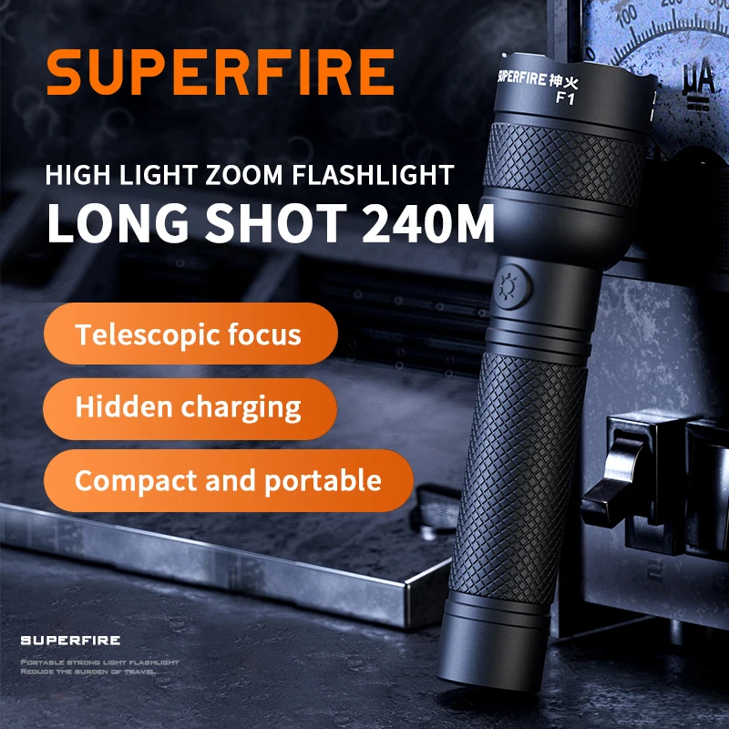 SUPERFIRE-Lanterna LED recarregável, portátil, poderosa, brilhante, lâmpada de acampamento, caminhadas ao ar livre, autodefesa, 240m, F1