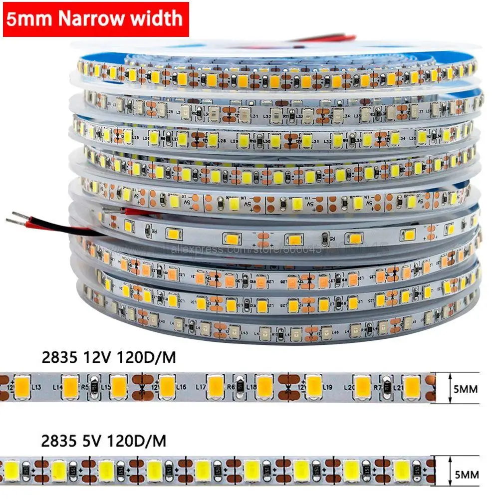 5V 12V 24V DC SMD 2835 LED pasek 5mm wąska szerokość PCB 60 / 120 / 180LED/M elastyczna doprowadziły światła zimna ciepły biały czerwony zielony