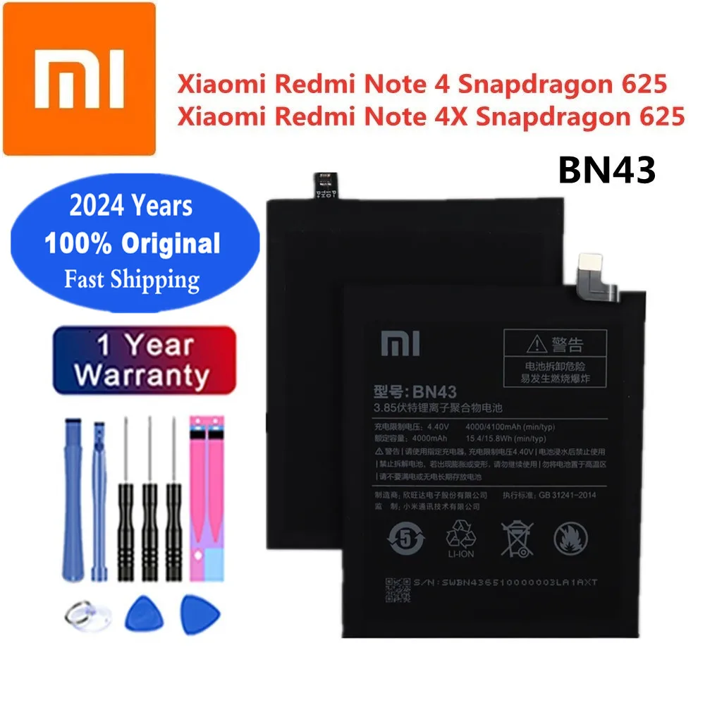 

2024 Years 4000mAh BN43 100% Original Battery For Xiaomi Redmi Note 4X / Note 4 Note4X Global Snapdragon 625 Replacement Battery