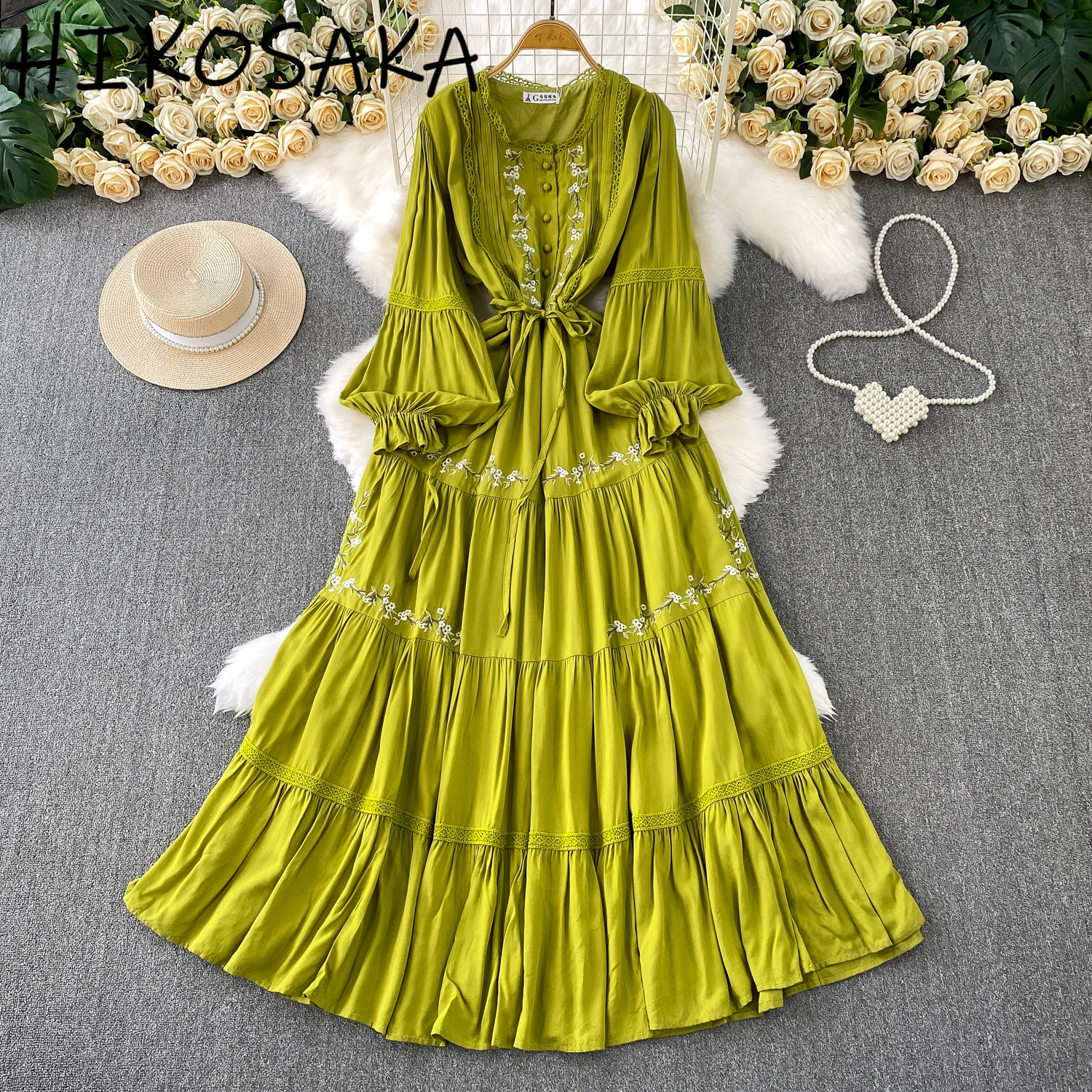 

French Style Vintage Lace Embroidery Ruffles Cake Dress O-neck Lantern Sleeve Long Robe Belt Slim A-line Summer Ropa Mujer