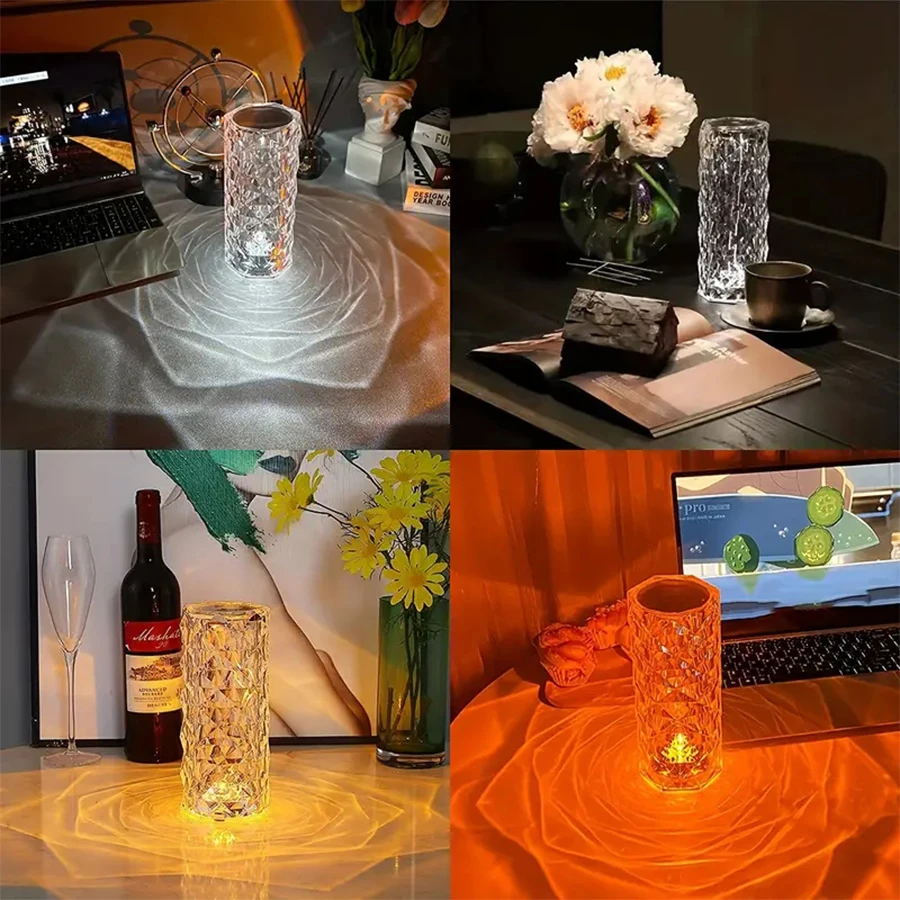 Rose Crystal Lamp USB Rechargeable Touch 16 Color RGB Atmosphere Lamp Decorative Desk Lamp Bedroom Bedside Room Night Light