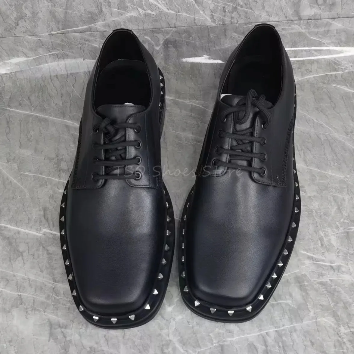 

Rivets Decor Lace Up Men Shoes Black Square Toe Genuine Leather Business Formal Shoes Male Brand Design Comfort Wedding Shoes