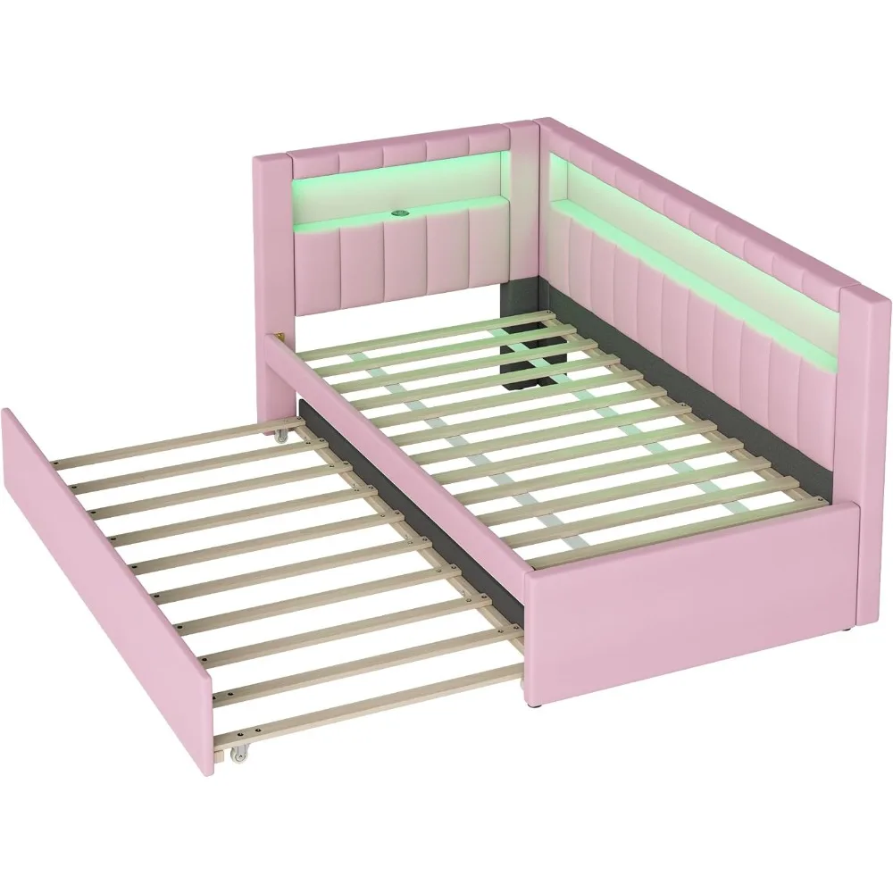 سرير من القماش الحديث بحجم مزدوج من Merax مع منافذ USB وسرير دولاب وسرير نهاري أرضي ودعم شريحة خشبية وميزات تخزين #6