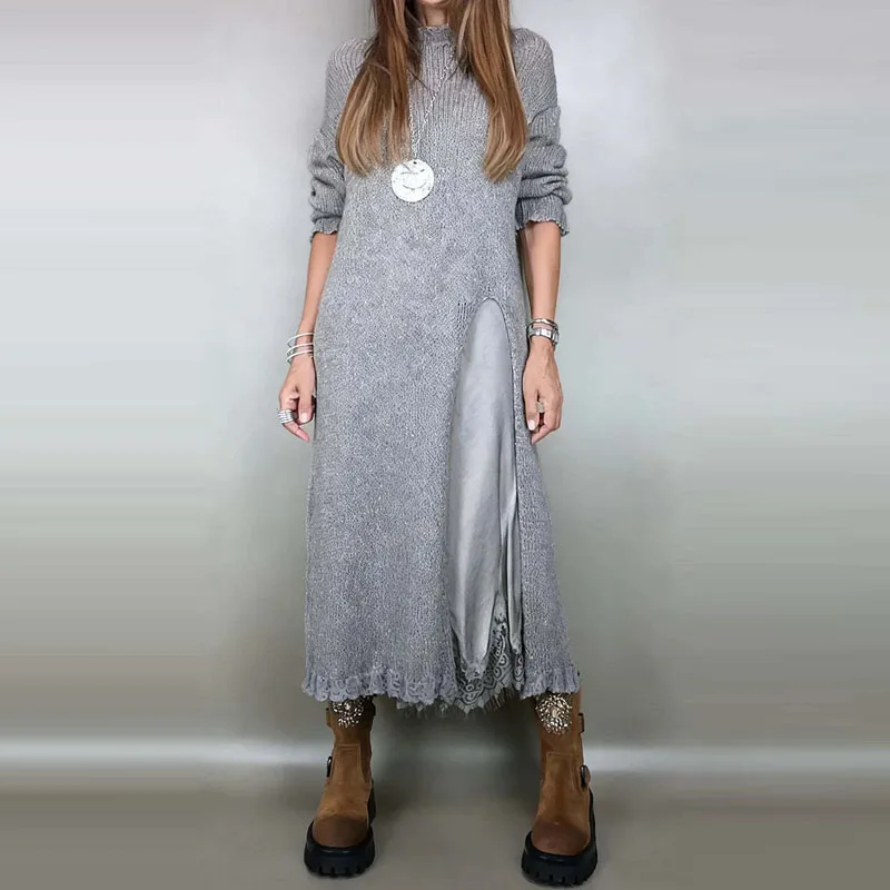 Forest style casual loose suit long side slit sweater paired with lace skirt set artistic retro style dress set