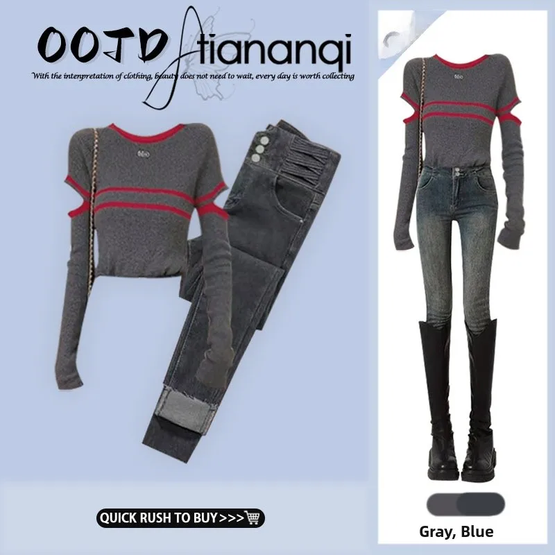 

Early Autumn Slim Fit Striped Knitted Top And High Waist Straight Leg Jeans Two Piece Set Elastic Vintage Sle Women's Faion