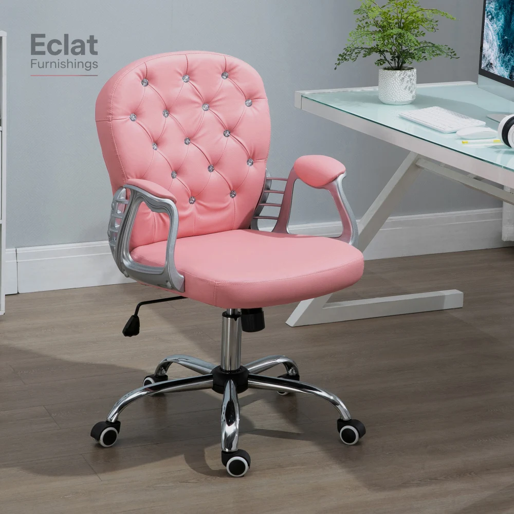 

PU Leather Home Office Chair, Button Tufted Desk Chair with Padded Armrests, Adjustable Height and Swivel Wheels, Pink