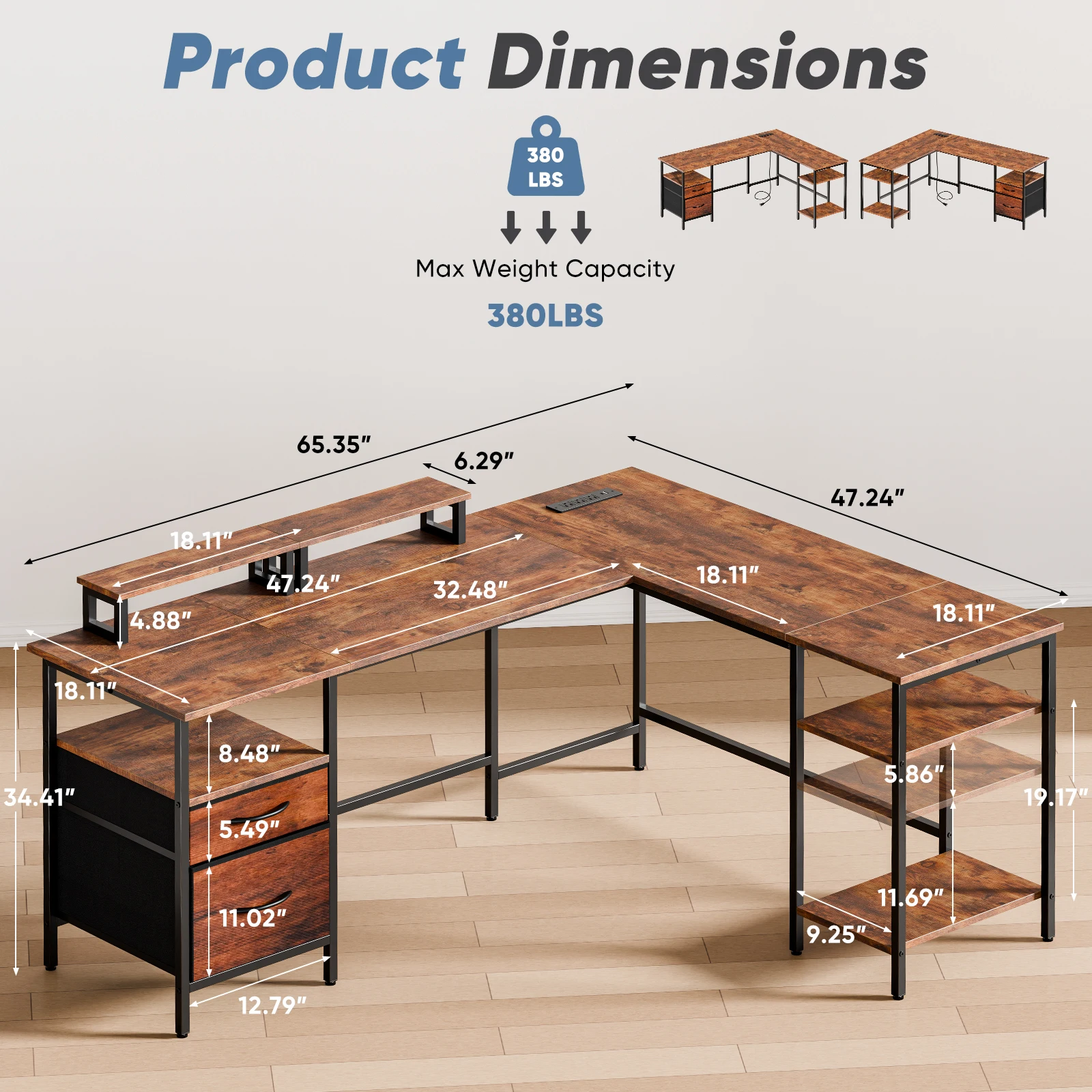 MCQ 62 Inch L Shaped Standing Office Gaming Desk with Drawers  Ergonomic Corner Gaming Desk with Dual Monitor Stands Adjustable Shelves for Home Office Use Workstation