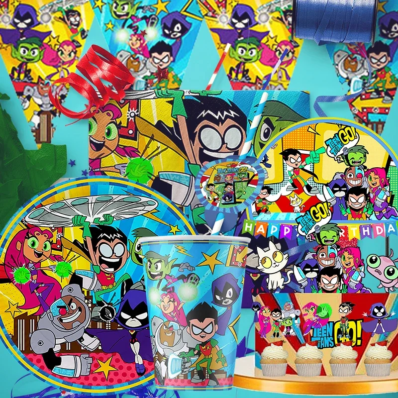 Teen Titans GO Theme Birthday Party Decorations Cake Topper Birthday CUP PLATE Straw Swirls Stickers  KidsParty Supplies Decor