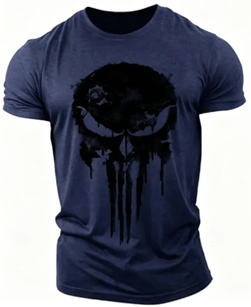 Herren Gothic T-Shirt mit Tintenklecks-Schädel-Druck auf der Vorderseite, Kurzarm-Pullover für den Alltag – Detail 5