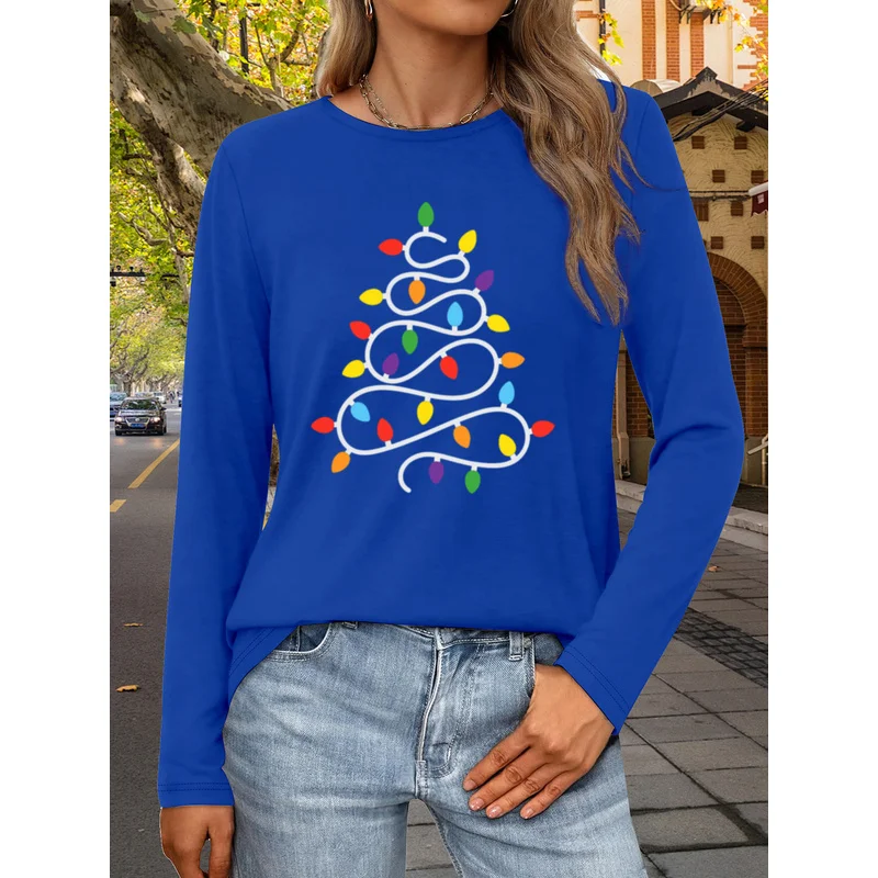Colorful Christmas tree pattern long-sleeved top for women，New women's clothing