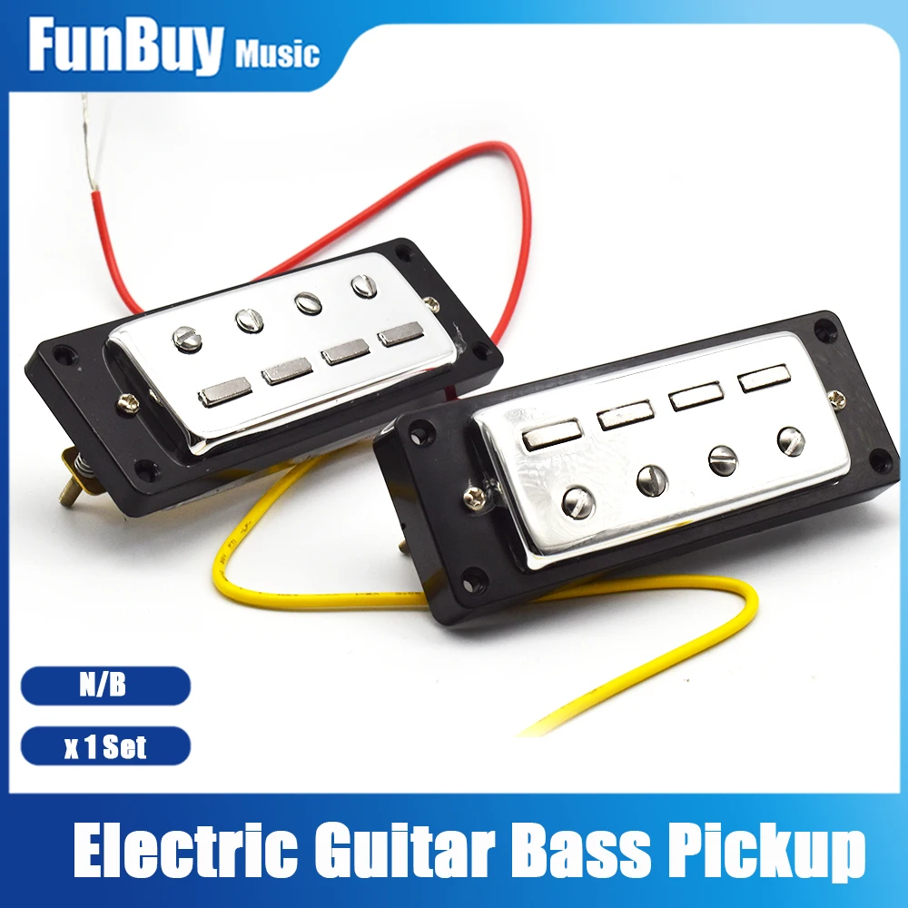 A Set of 2 Pcs 4 String Mini Electric Bass Pickups Humbucker Neck Bridge Pickup with Pickup Install Rings Chrome