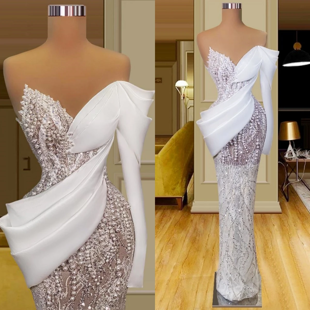 

Charming Mermaid Wedding Dress One Shoulder Pearls Sequins Illusion Bridal Gowns Custom Made Vestido De Novia