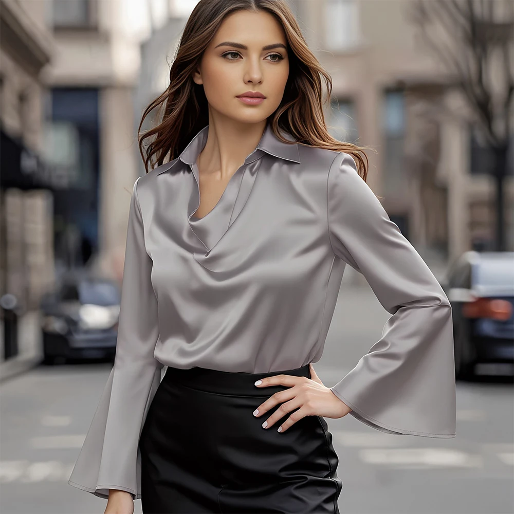 Abito a camicia primaverile Colletto alto autunnale Stile regolare Top da donna casual Design semplice ed elegante alla moda