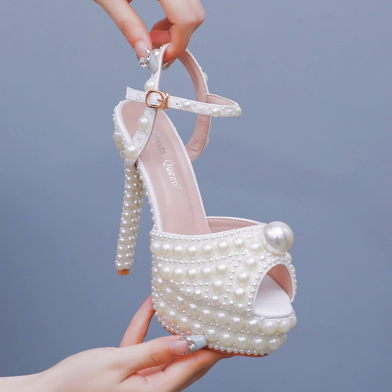 

2025 New 14cm Fashion Pearl Decorated Fishmouth High Heels Thin Heel Women's Single Shoes Wedding Dress Bride Wedding Shoes