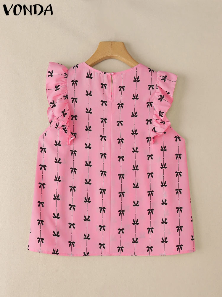 VONDA Women Blouses Fashion Ruffles Blusas Summer Bow Print Shirt Streetwear Party Tops Oversize Loose Tunic S-3XL