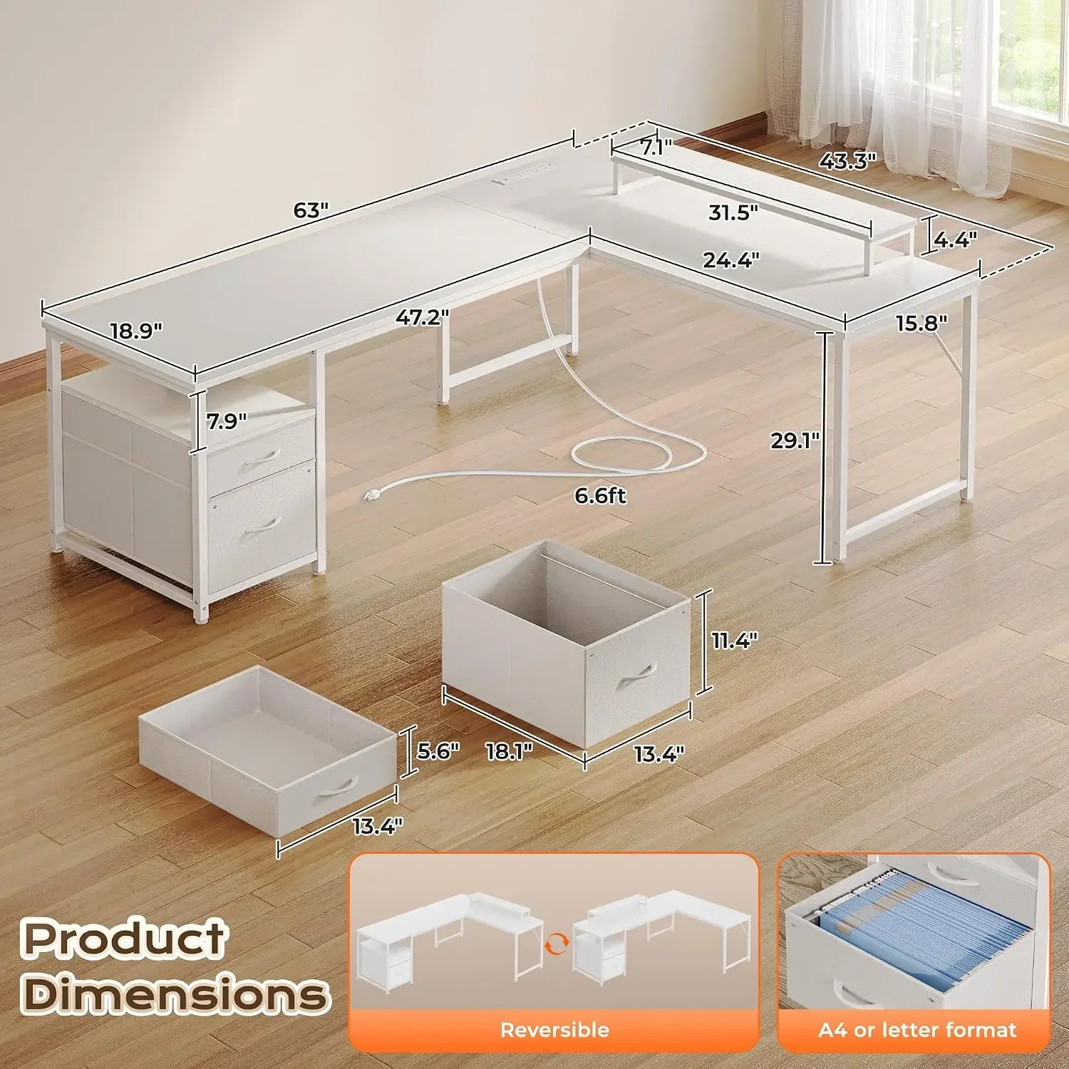 63 Inch L Shaped Desk with Power Outlets and USB-C Port, Computer Corner Home Office Desk with File Fabric Drawers and Movable M
