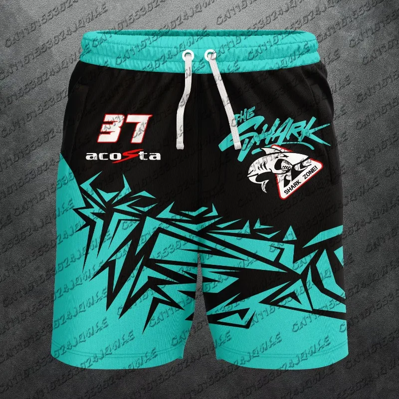 2026 Summer No.37 Popular Motorcycle Rider Shark Print Mesh Shorts Men Moto Racing Drawstring Breathable Casual Sports Shorts